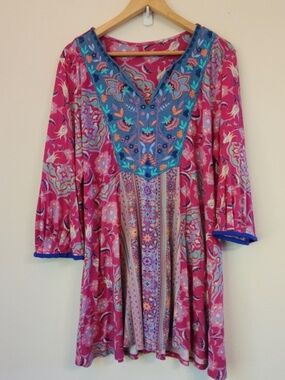 Soft Surroundings Magenta Floral Tunic with Teal Embroidered Yoke
